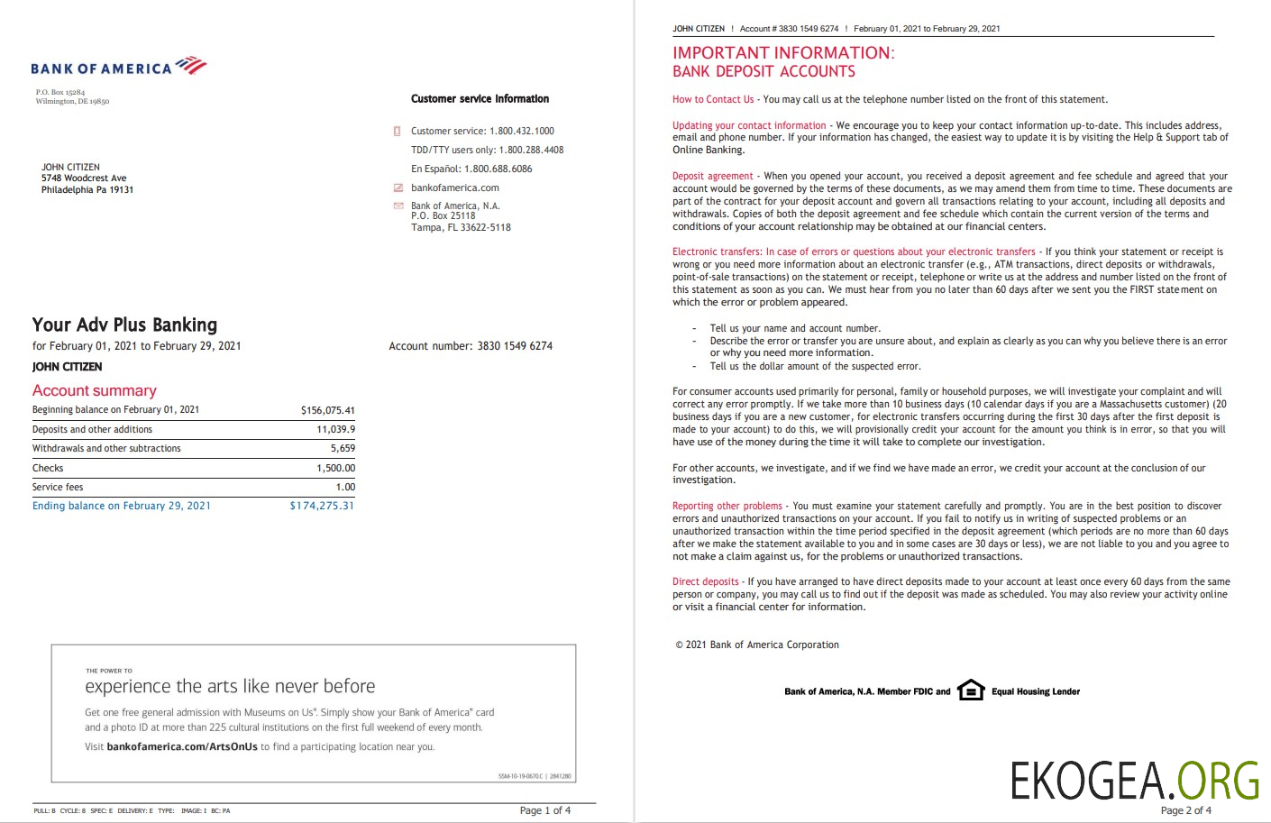 Modèle de relevé bancaire USA Bank of America au format Word et PDF (4 pages), version 3